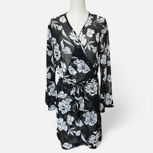VTG Y2K Secret Treasures Black & White Sheer Floral Print Bell Sleeve Robe M - Picture 1 of 8